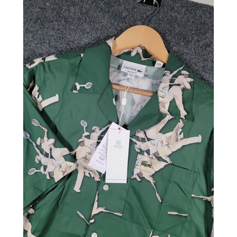 Lacoste Shirt Mens Medium Green Tennis Player Short Sleeve Button Up NEW $140